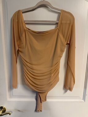 Ruched Long Sleeve Bodysuit in Nude Tan